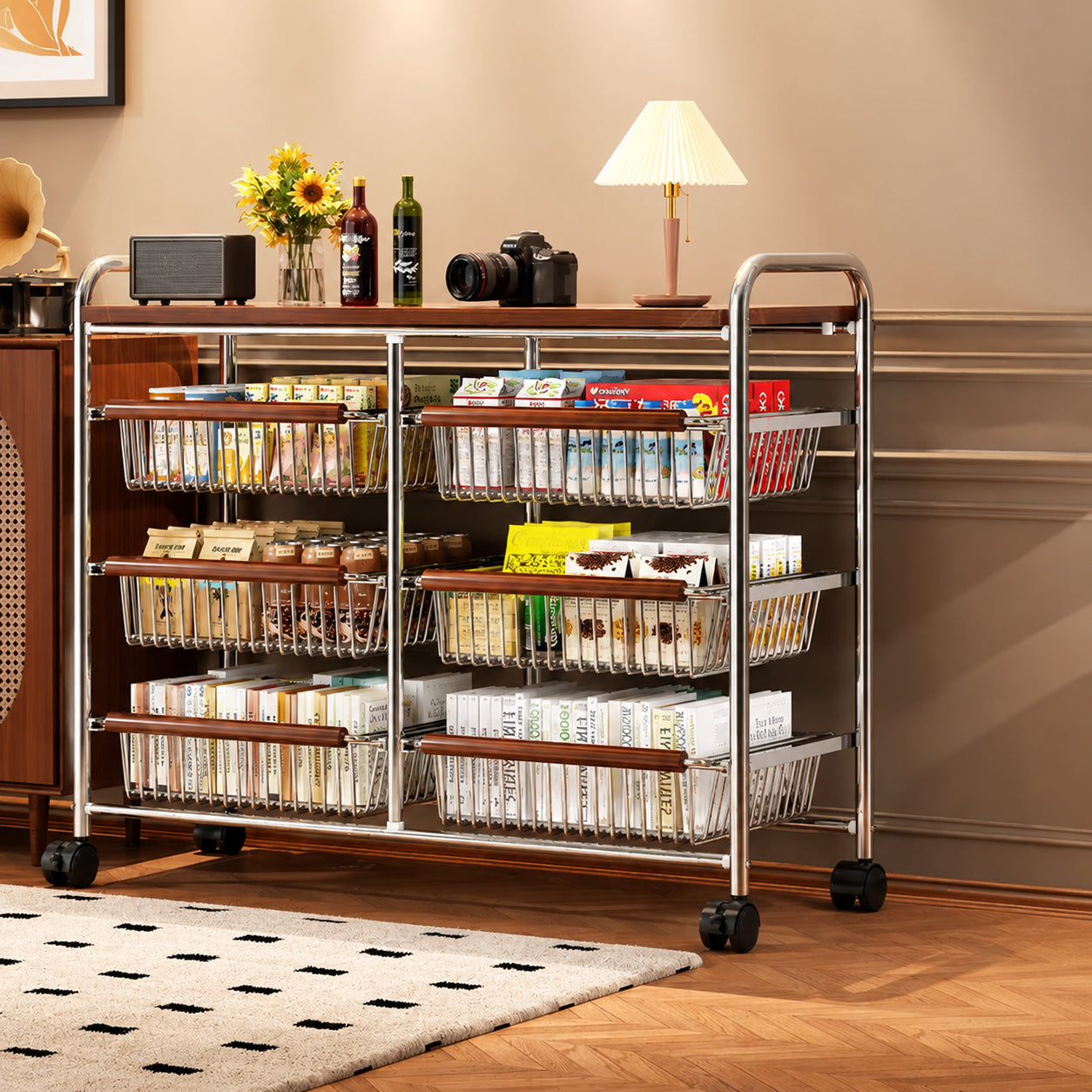 Vintage Style Storage Cart with Casters, Multi-Layer Rack for Living Room/Kitchen/Bedroom, Stylish, Slim, Mobile