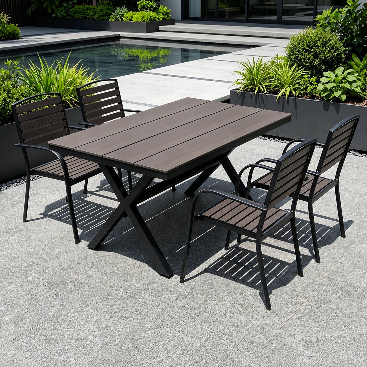 Outdoor & Garden Plastic Wood Table Set, Rot-Proof & Waterproof WPC Material, Alloy Steel Frame, Stackable