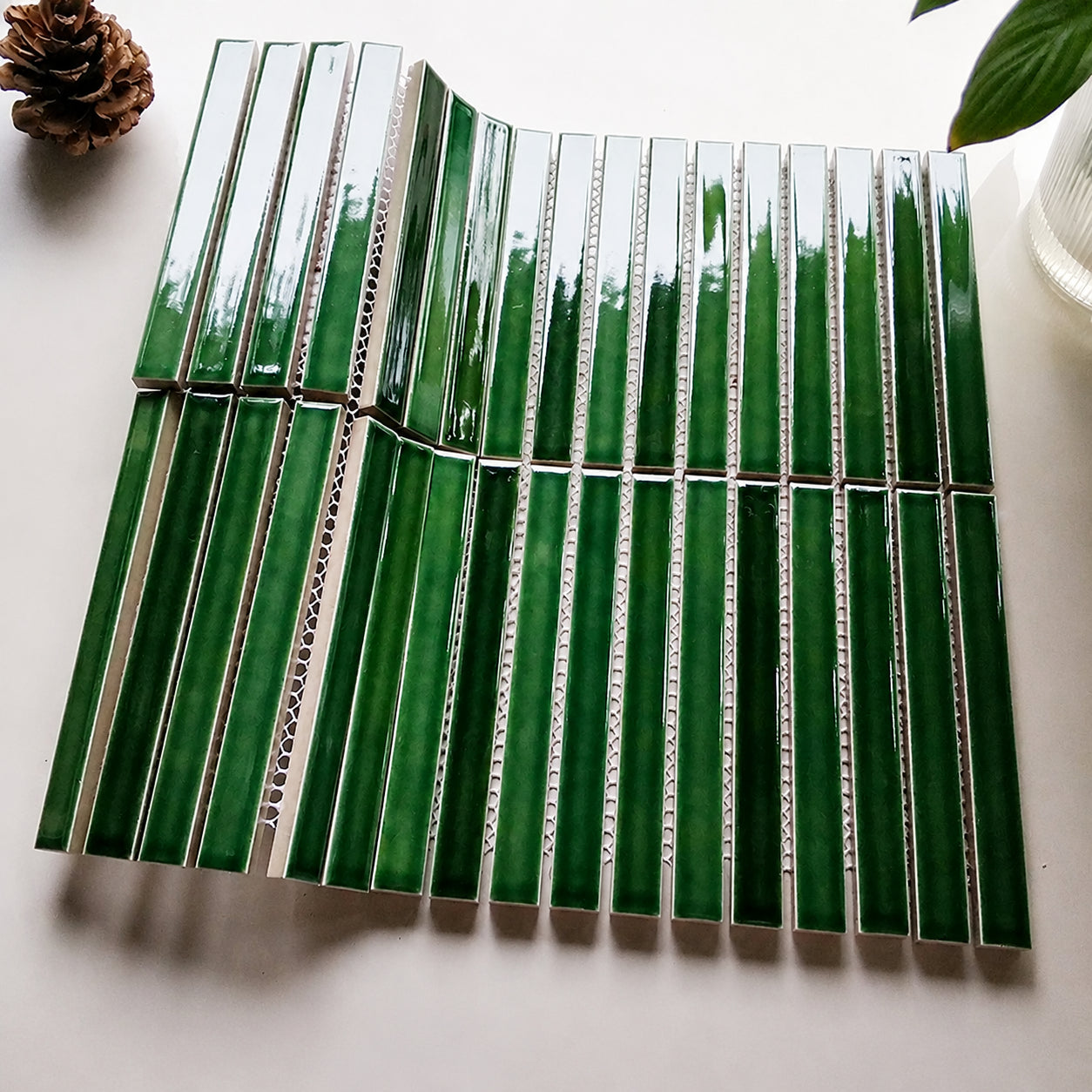 Dark Green Elongated Mosaic Tiles, 15x145mm, for Restaurant and Hotel Feature Walls, Bathroom Arch Columns, Ceramic, 30x29cm Sheet