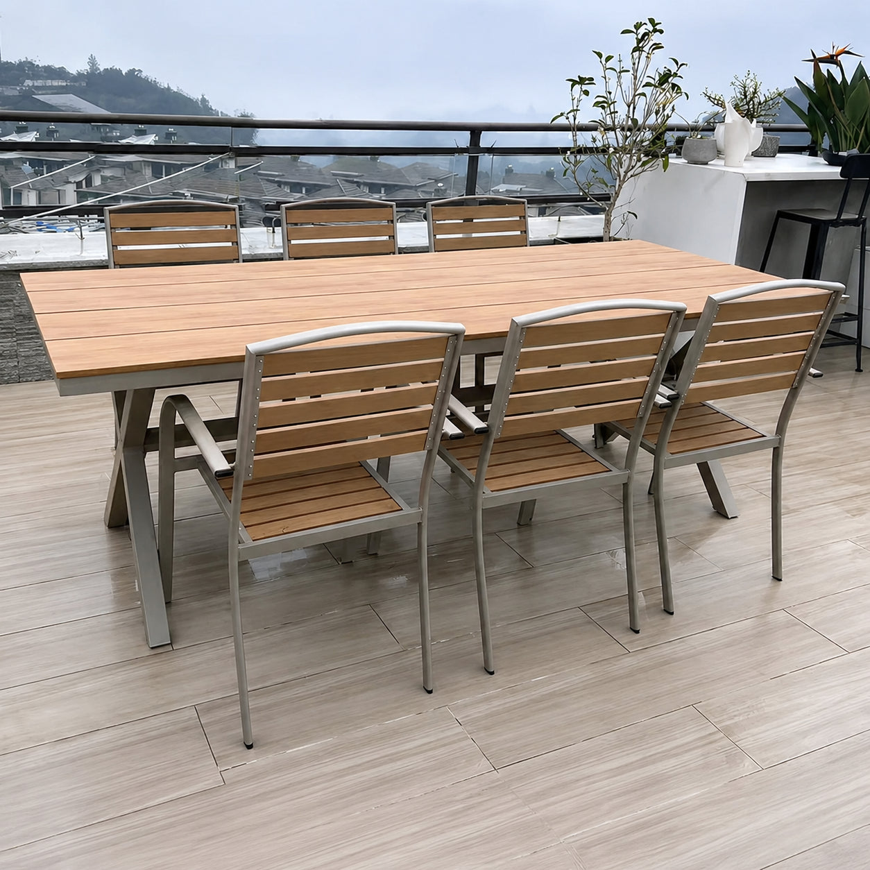 屋外用 ガーデンテーブル＆チェアセット 樹脂木材 アルミフレーム 防腐 防水 4人掛け カフェ風 バルコニー テラス 庭用
