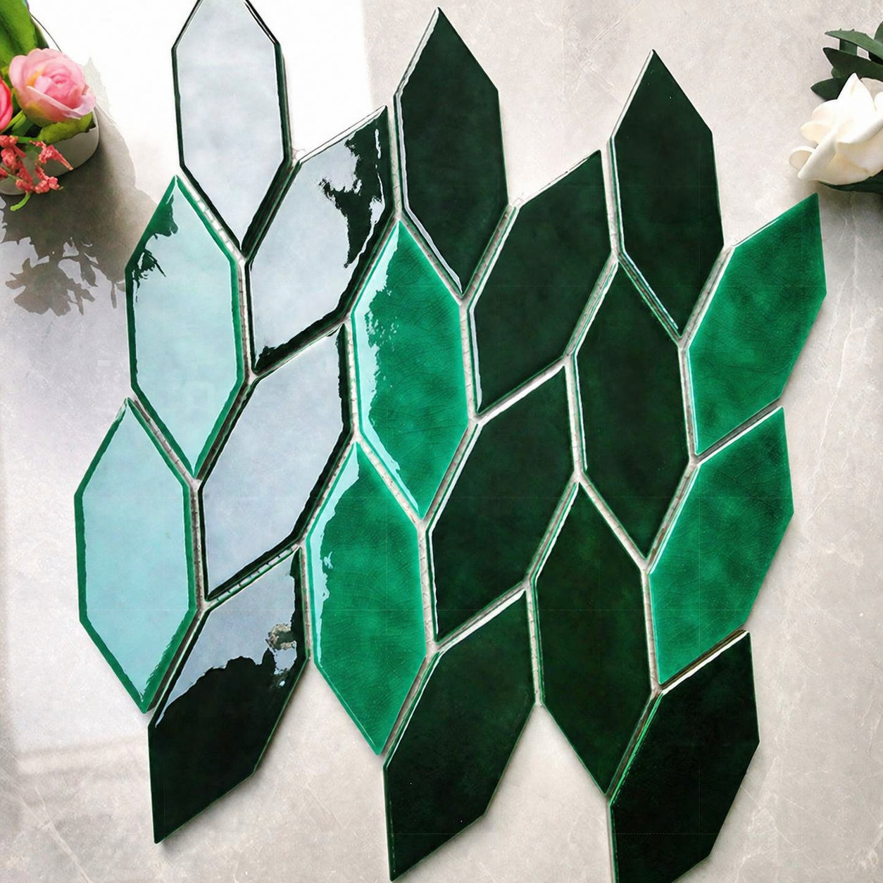 Nordic-style Ink Green Leaf-shaped Ceramic Mosaic Tiles for Kitchens, Bathrooms, and Restaurants (268x268mm)