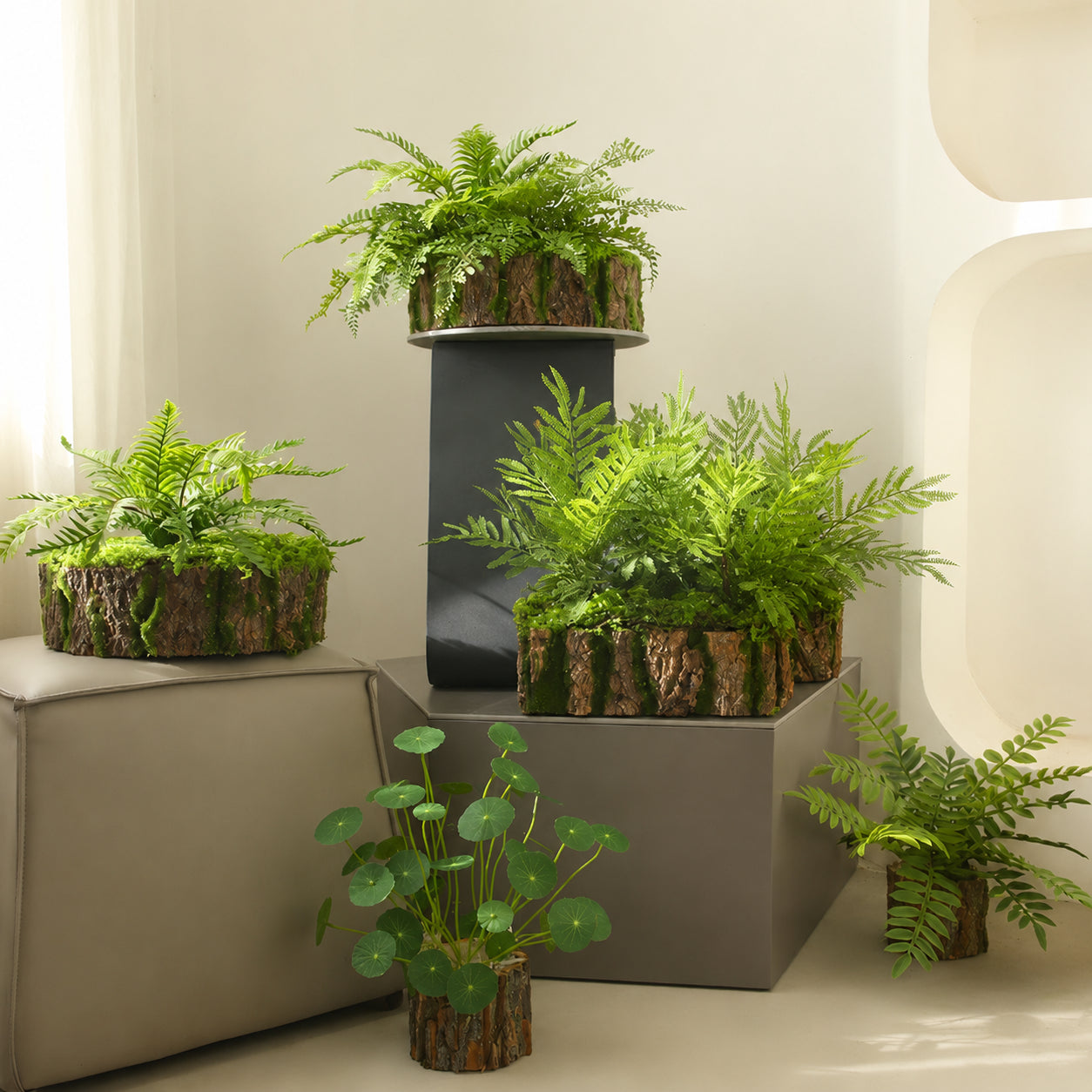 フェイクグリーン 造花 アレンジメント 室内 観葉植物 樹皮風ポット おしゃれ インテリア 玄関 飾り シミュレーション ディスプレイ