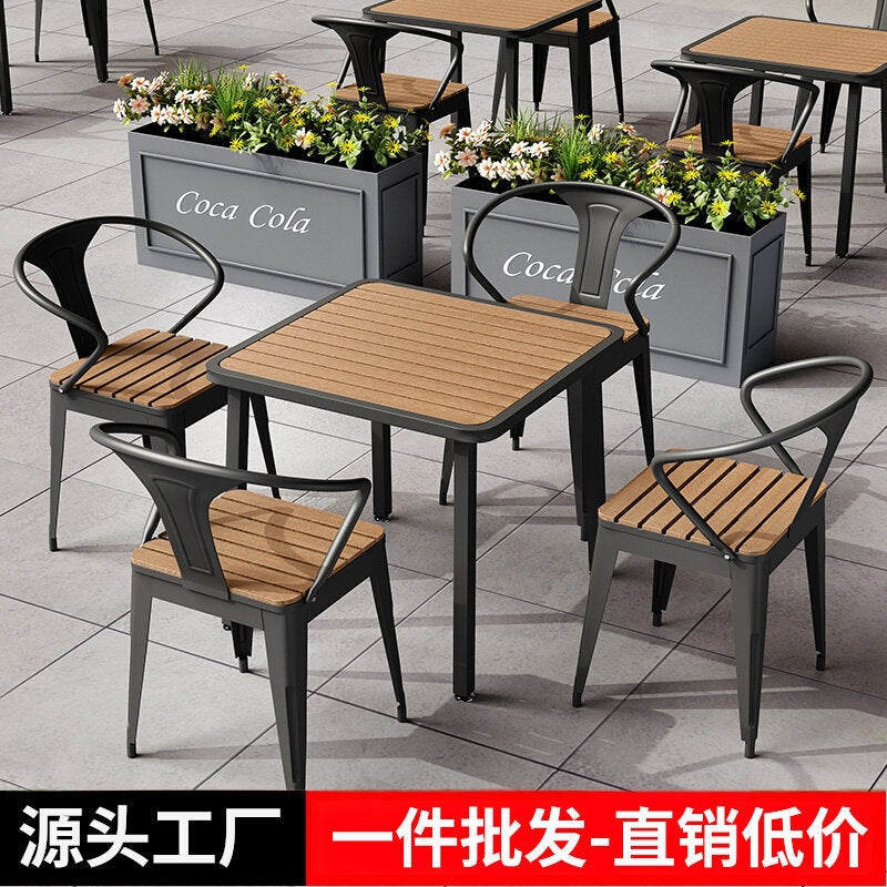 防水・UVカット 屋外用 プラスチックウッド テーブル＆チェアセット カフェテラス・庭収納可能 簡易設計