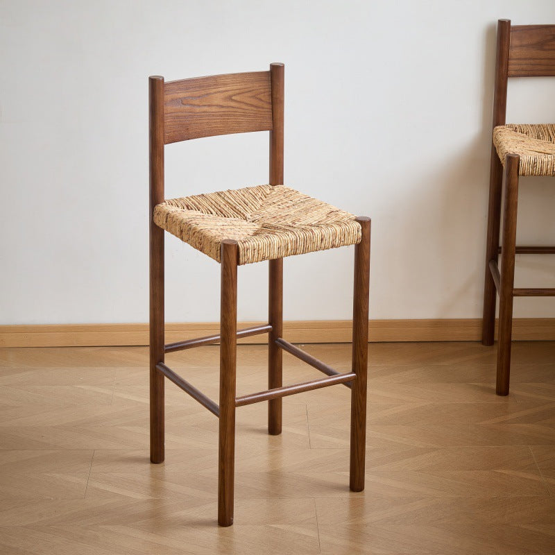 Used Solid Wood Vintage High Stool, Wabi-sabi Style, with Backrest, Rope Weave Dining Chair