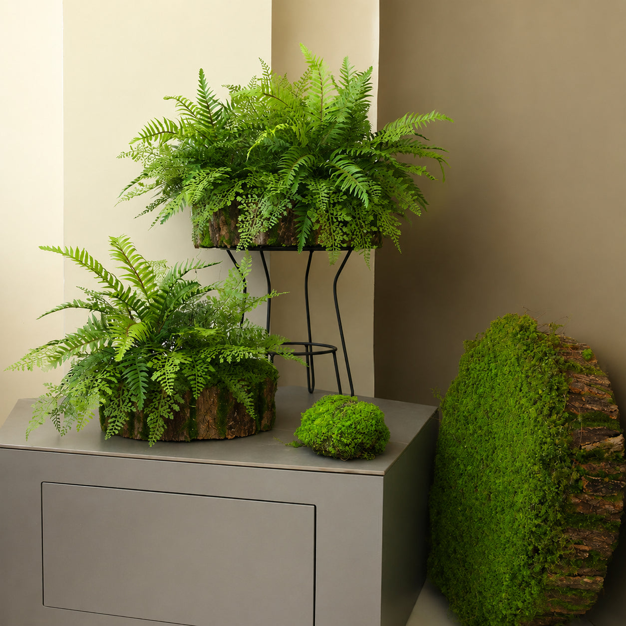 フェイクグリーン 造花 アレンジメント 室内 観葉植物 樹皮風ポット おしゃれ インテリア 玄関 飾り シミュレーション ディスプレイ