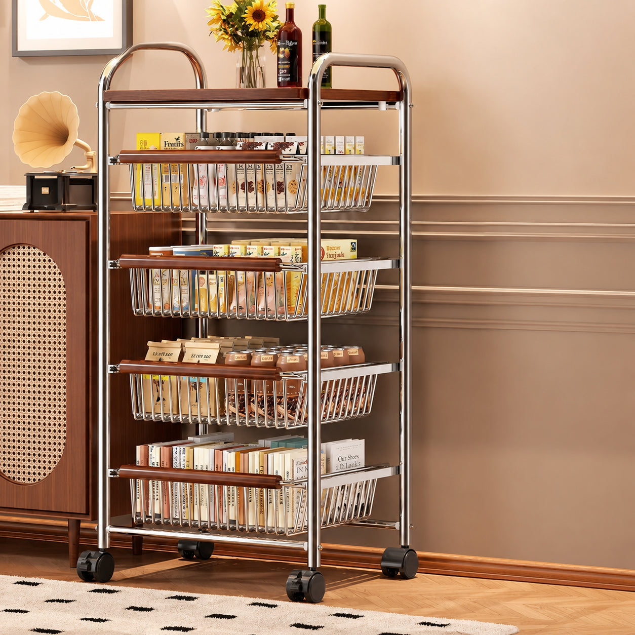 Vintage Style Storage Cart with Casters, Multi-Layer Rack for Living Room/Kitchen/Bedroom, Stylish, Slim, Mobile
