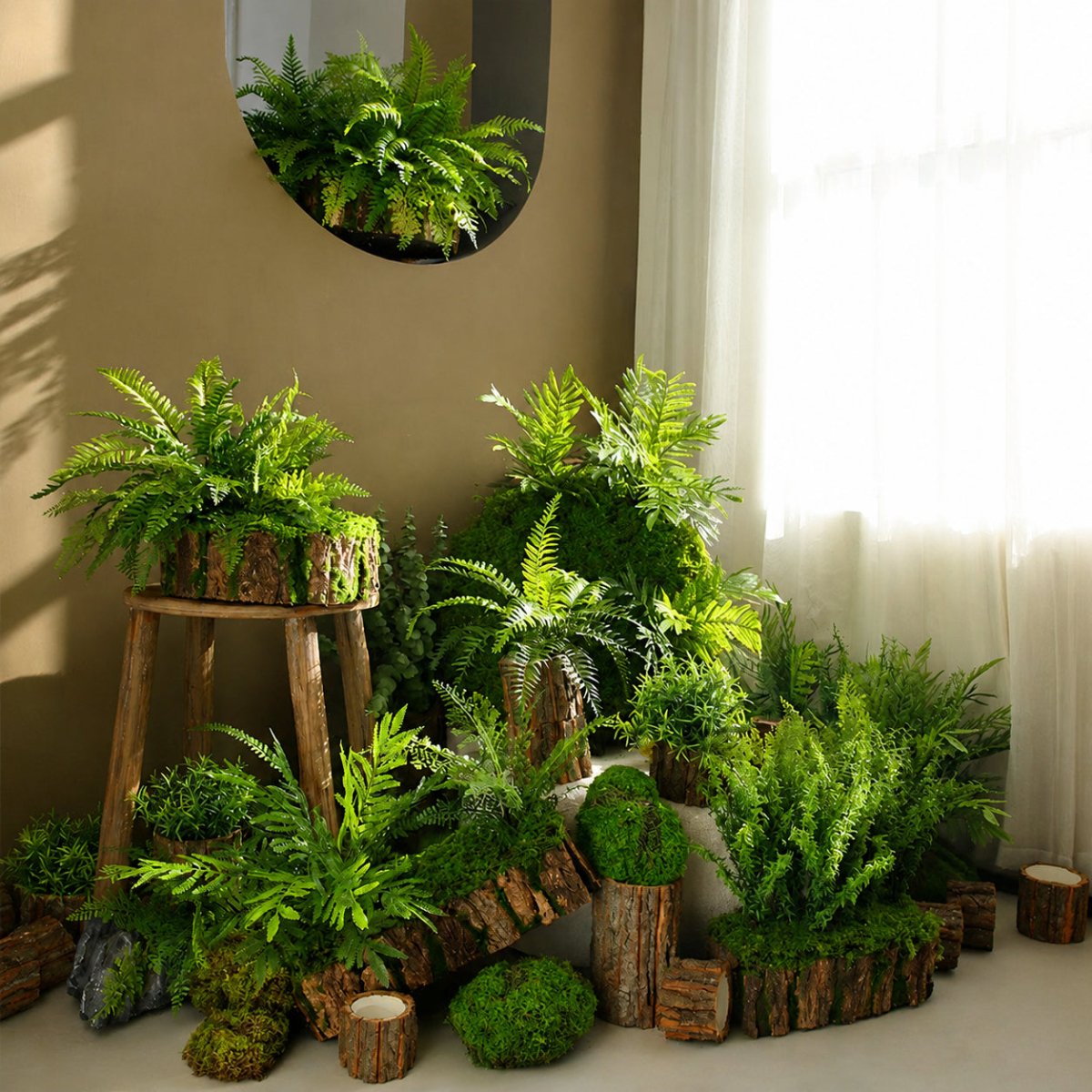 フェイクグリーン 造花 アレンジメント 室内 観葉植物 樹皮風ポット おしゃれ インテリア 玄関 飾り シミュレーション ディスプレイ - CafesJapan