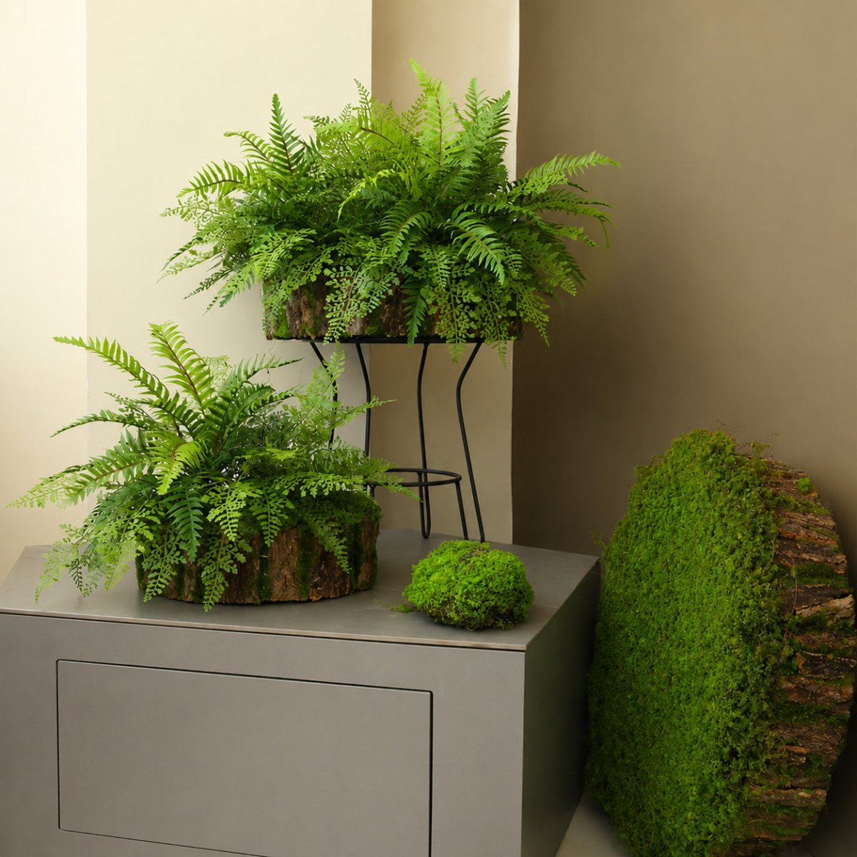 フェイクグリーン 造花 アレンジメント 室内 観葉植物 樹皮風ポット おしゃれ インテリア 玄関 飾り シミュレーション ディスプレイ - CafesJapan