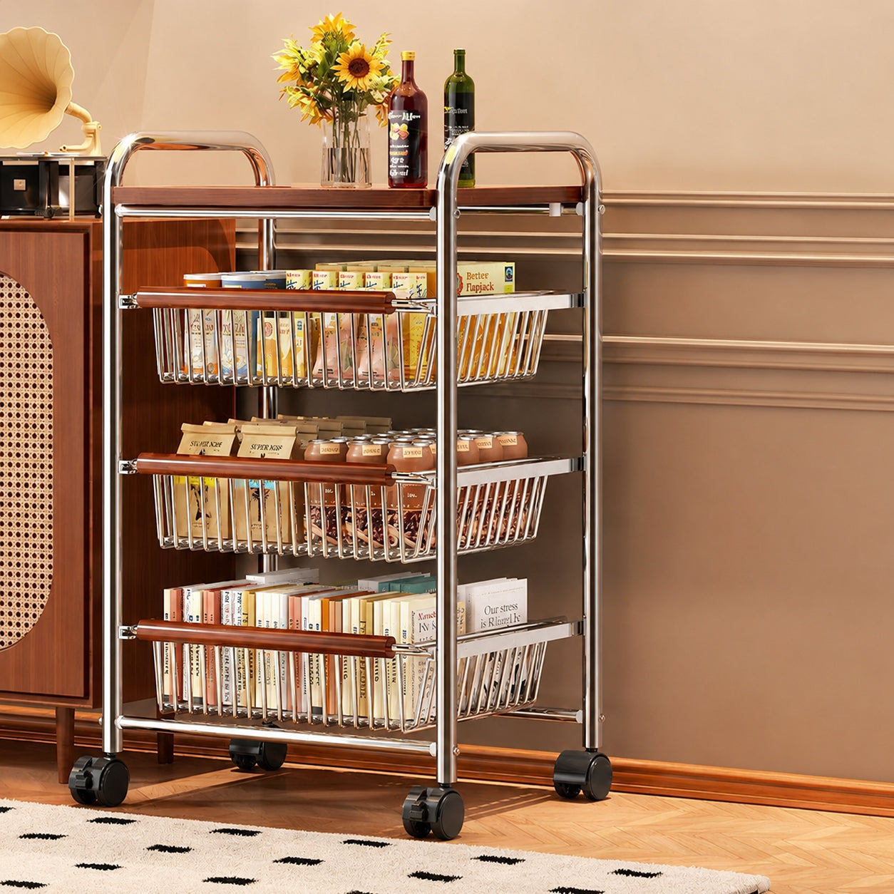 Vintage Style Storage Cart with Casters, Multi-Layer Rack for Living Room/Kitchen/Bedroom, Stylish, Slim, Mobile